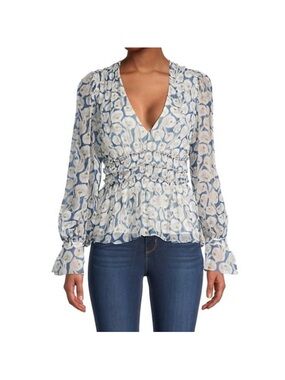 Rebecca Taylor Silk Blue and Cream Floral Smocked-Waist V-Neck Blouse 12